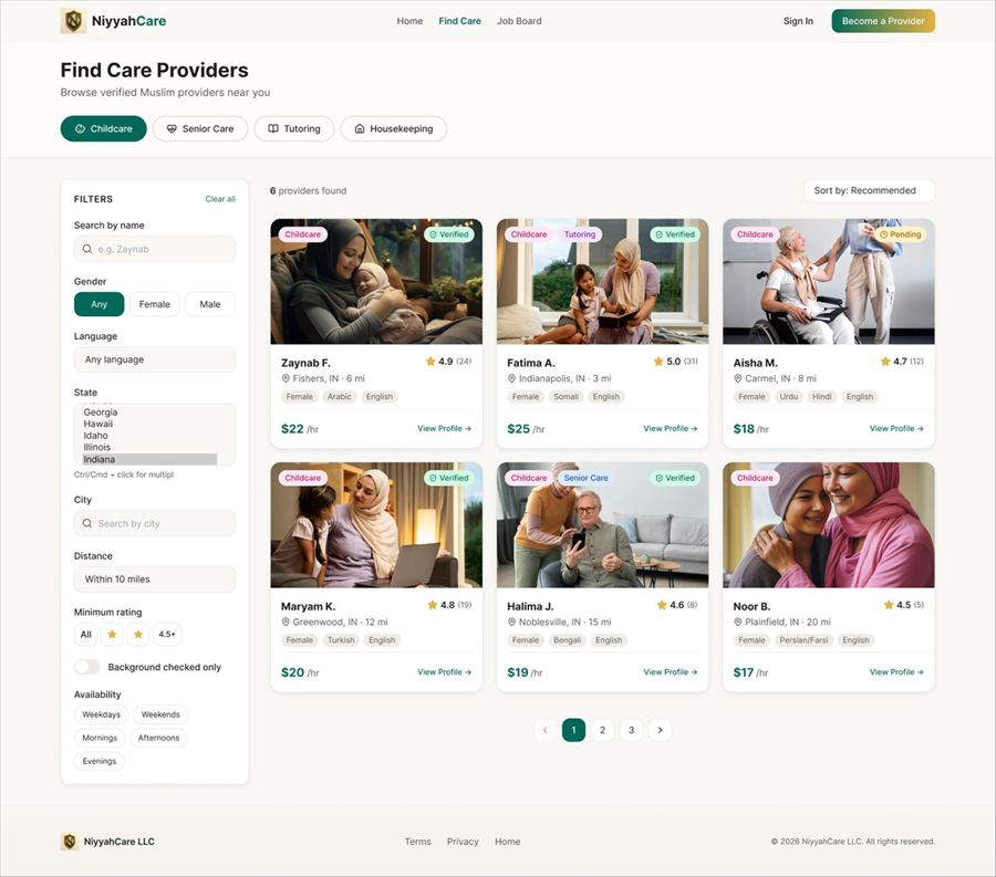 NiyyahCare care provider marketplace directory