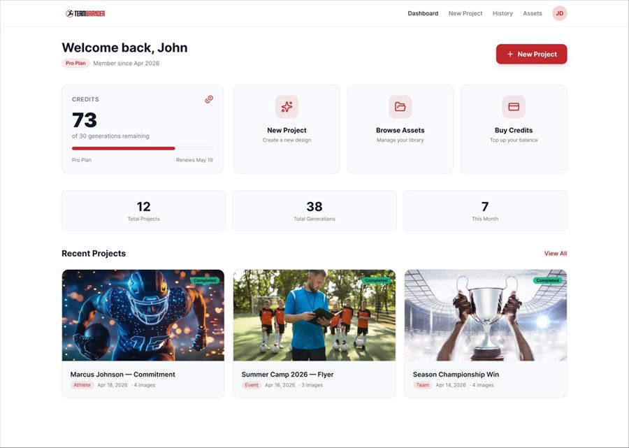 TeamBrander AI sports design generator dashboard